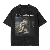 Sitting Wolf Literally Me Funny Meme Washed T Shirt Man Casual TShirts Beach O Neck Hipster Tee Shirt Design Tops S