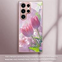 Water droplet tulip glass phone case suitable for Samsung Galaxy S26 S25 S24 S23 S22 S20 FE/Ultra/Plus anti drop back cover Galaxy S21 Ultra 5G rožinė