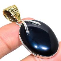 Natural Black Onyx Gemstone 925 Sterling Silver Gift Two Tone Pendant 1.89  H8P36