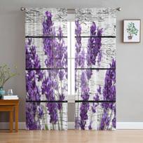 Purple Lavender Wood Board Flower Vintage Style Chiffon Sheer Curtains Living Room Bedroom Decor Window Voiles Tulle Curtain W135 x H115cm x1&Grommet Top gray