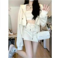 Chic Spring 3-Piece: Hooded Sweater, Sling Top, and Skirt Set for Women Extra Large abrikosas