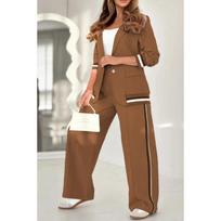 Pant Sets Women Wide Leg Pants Two Piece Set Button Coats Matching Sets Patchwork High Waist Elegant Trousers Pockets Sporty XS tamsiai ruda spalva