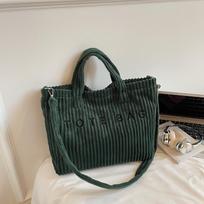 Women Corduroy Tote Bag Large Capacity Handbag Velcro Design Letter Printed Shoulder Bag Student Casual Commuter Crossbody Bag L žalia