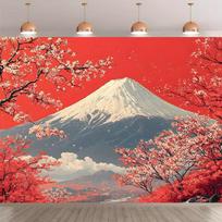 2D Mount Fuji Sakura Tapestry Red Cherry Blossom Japan Scenery Wall Decor Background 47.2x31.5inch/120*80cm