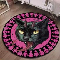 Round Area Rug Pink and Black Devil Cat Design Soft Flannel Carpet for Gothic Style Room Floor Decor Non Slip Washable Home Diameter 60cm