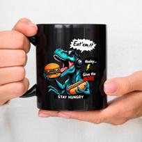 Black ceramic mugs, emblazoned with dinosaurs eating burgers and hot dogs, stay hungry and enjoy, providing more design options juoda