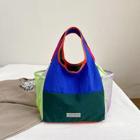 Dopamine Color Block Foldable Nylon Tote Bag Lightweight Casual Shoulder Shopping Handbag žalia