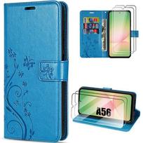 Case for Samsung Galaxy A56 5G - BOOLING - Shockproof Synthetic Leather Floral Relief - Blue - 2 Tempered Glasses mėlyna