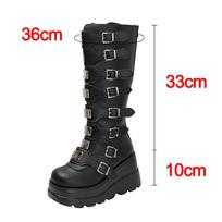 Fashion Gothic Black Platform Combat Boots Women Punk Style Metal Buckle Motorcycle Boots Woman Thick Bottom PU Leather Knee High Boots 36 juoda