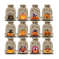 12Pcs Halloween Pumpkin Burlap Gift Bags Small Drawstring Goodie Treat Bag Halloween Linen Jute Candy Bag for Kids Trick or Treat Party Supplies G
