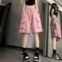 Summer Y2K High Waist Oversized Black Baggy Cargo Shorts Women Harajuku Streetwear Fashion Wide Leg Short Denim Pants XS rožinė