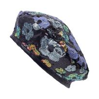 Flower Pattern Sequin Beret Hat Glitter French Beret New Painter Cap  Stage Costume juoda