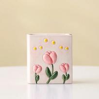 Tulip Ceramic Pen Holder | Book-Shaped 3D Relief Storage Holder | Makeup Brush Organizer and Decorative Piece