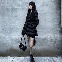 KOSY Gothic Punk Hole Sweaters Women Fashion Harajuku Oversize Pullover Sweater Knitted Jumper Fashion Vintage Striped Sweater S juoda