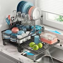 2-Tier Expandable Dish Drying Rack for Kitchen Counter - Multi-Functional Heavy-Duty Drainer with Automated Drainboard Set juoda
