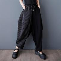 Womens Plus Size Baggy Harem Pants Stripe Patchwork High Waist Wide Led Pants
