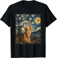 Cat Van Gogh Style Starry Night Art Funny Graphic T-Shirt M