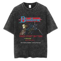 Vintage Washed Black ShortSleeve TShirt Featuring Bloodborne Press Start Button Graphic Print For Soulsborne Fans S