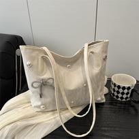 Elegant Pearl Bowknot Faux Leather Tote Bag for Women, Spacious Commute Shoulder Handbag, Stylish Single Strap Work Bag balta
