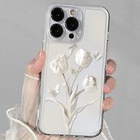 White tulip pattern transparent phone case suitable for iPhone 17 16 15 14 13 12 11 Pro/Max/Plus anti drop and shockproof iPhone 14PRO
