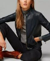 Women Leather Jacket Navy Blue Biker Moto Pure Lambskin Handmade Stylish Casual M tamsiai mėlyna spalva