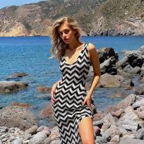 Striped Knitted Sling Women Long Dress V-neck Contrast Backless Sleeveless Slim Lady Robes S