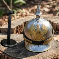 WWI German Pickelhaube Helmet Replica  Leather & Brass, Free Stand