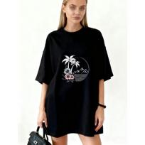 Oversized T Shirt Black Tropical Palm Tree And Mountain Print For Casual Wear S juoda