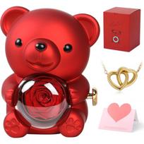 Cute Teddy Bear with Preserved Rose, Real Eternal Rose in Bear with Elegant Gift Box, Romantic Keepsake for Her – Anniversary, Birthday raudona