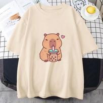 Capybara Loves Drinking Bubble Tea Marškinėliai 100 % medvilnė Vasariniai rūbai Kasdieniai moteriški/vyriški Kawaii marškinėliai Mieli mergaičių marškiniai mada S įvairiaspalvis