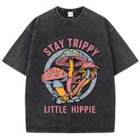 Summer Womens Cotton Washed TShirts Stay Trippy Little Hippie Mushroom Printed Streetwear Loose ONeck Vintage Female Clothes S