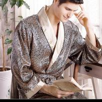 Spring Gold Print V-neck Loose Satin Kimono Bathrobe Men Nightwear Lounge Sleepwear Homewear Gown M