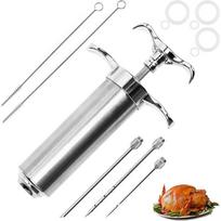 Mėsos įpurškimo švirkštų rinkinys Nerūdijančio plieno BBQ marinato įpurškimo rinkinys Virtuvės kalakuto įpurškimo švirkštas su 3 marinato adatėlėmis Y213 sidabras