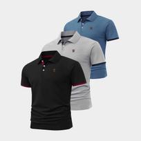 3 vnt. vyrų polo marškinėlių su kontrastingais rankogaliais ir krūtinės logotipu, klasikine apykakle, sagų juostele, verslo kasdieniai viršutiniai drabužiai L juoda/pilka spalva
