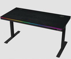 Dual-motor sit/stand adjustable-height gaming desk with wireless charger, RGB lighting, control panel, and USB ports, PB melamine surface tabletop, black. | LRG-DP80W