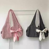 Harajuku Large Capacity Tote Bag Women Fairycore Aesthetic Bow Chic Grey Handbag Female Vintage Cute Shoulder Bags New