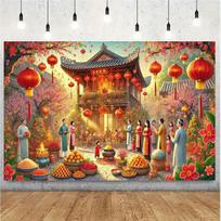 2D Vibrant Lunar New Year Backdrop Red Blossom Temple Asian Spring Festival Background 47.2x31.5inch/120*80cm