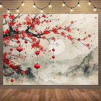 2D Vibrant Red Sky Mount Fuji Tapestry Cherry Blossom Japanese Landscape Background 47.2x31.5inch/120*80cm