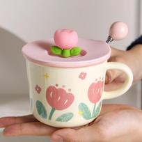 Elegant Tulip Ceramic Mug Coffee Cup with Lid And Spoon Drinkware for Valentine's Day, Christmas, Mother's Day, Birthday Gifts 301-400ml