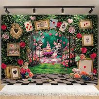 2D Enchanted Roses & Cards Wonderland Backdrop for Party Decoration 47.2x31.5inch/120*80cm