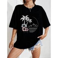 Vintage Black Oversized T-Shirt with Palm Tree, Hibiscus & Mountain-Moon Print – Tropical Minimalist Line Art Casual Top S juoda