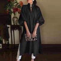 Women's Plus Size Maxi Dress Stand Collar V-Neck Long Sleeve Shirt Dress Elegant Solid Color A-Line Dress S juoda