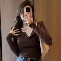 Solid T-shirts For Women Sexy Girls Y2K Tops Athletic Wear Female Casual Tees Long Sleeve Fashion Lady Club Bar Tshirts Deep V Tops Large Size S tamsiai ruda spalva