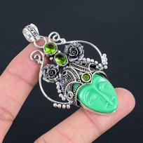 Carved-Goddess Face Peridot Gemstone Pendant | 925 Sterling Silver | Vintage Pendant | Handmade Vintage Pendant Jewelry for Her/him
