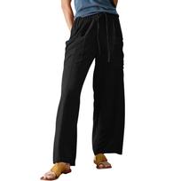 Women's Color Elastic Waist Breathable Loose Cotton And Linen Pants XL juoda