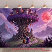 2D Purple Sky Red Moon Castle Tree Backdrop for Halloween & Fantasy Events 47.2x31.5inch/120*80cm