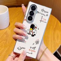 Astronaut Pattern PU Leather Phone Case For Samsung Galaxy Z Fold 7 6 Fold7 Fold6 Fold5 Silver Plating Frame Hard Folding Cover Galaxy Z Fold5