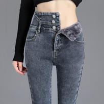 Plush Ultra High Waist Skinny Jeans for Women Autumn and Winter Outerwear Pencil Pants for Women 26 šviesiai pilka spalva