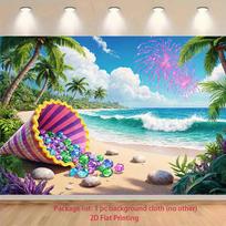 2D Summer Beach Palm Tree Fireworks Backdrop Party Photo Booth Background 47.2x31.5inch/120*80cm