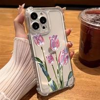 Pink tulip flower design transparent phone case suitable for iPhone 17 16 15 14 13 12 11 Pro/Max/Plus anti drop and shockproof iPhone 15PRO gryna